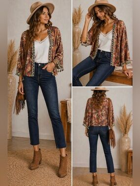 Papillon Boho Floral Kimono Cardigan Tassel Trim Festival Coachella Western Sm